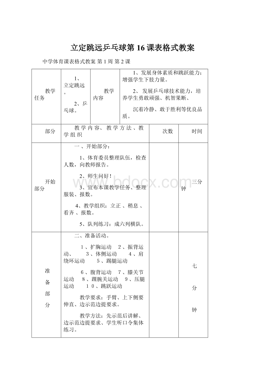 立定跳远乒乓球第16课表格式教案文档格式.docx