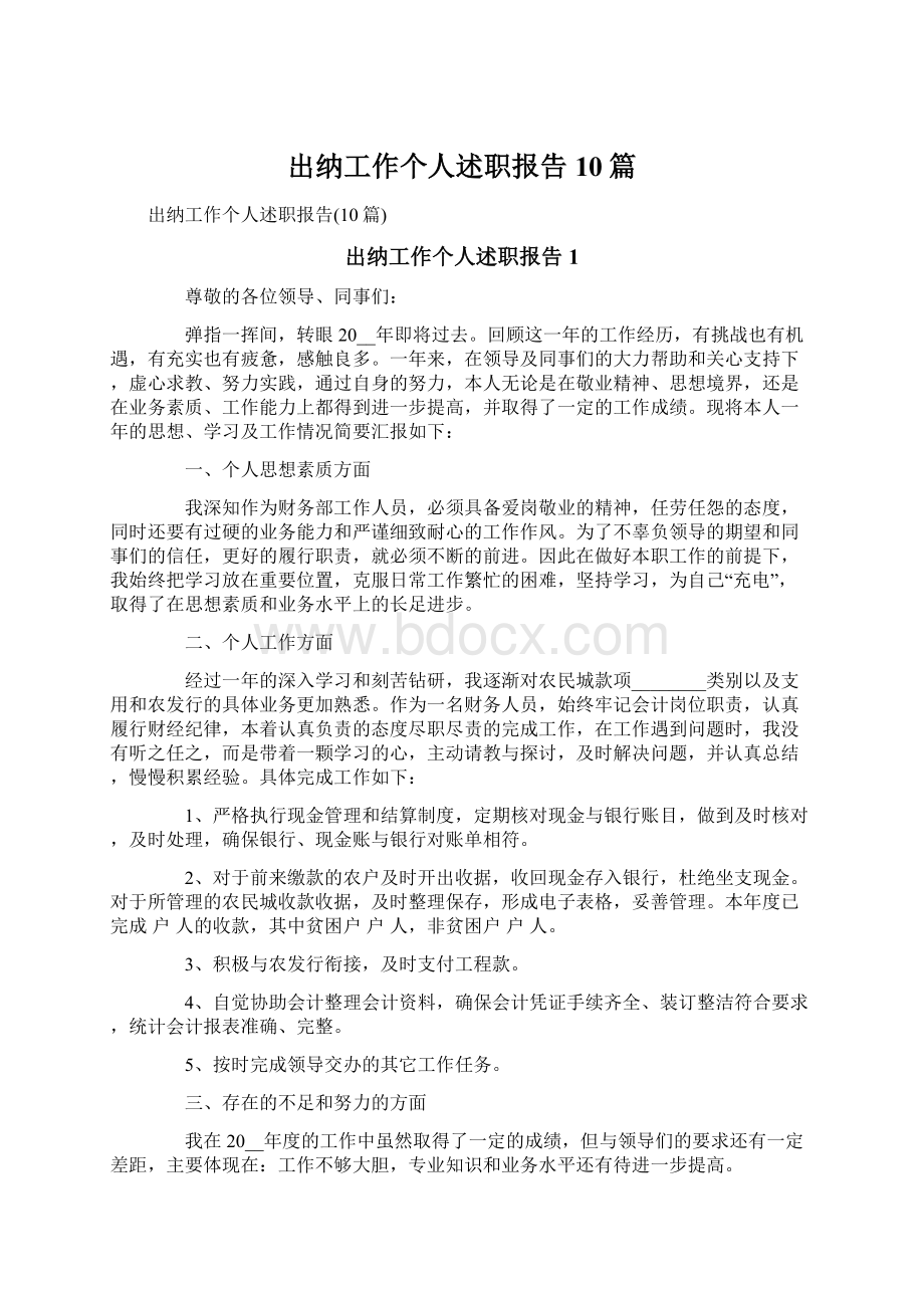 出纳工作个人述职报告10篇.docx