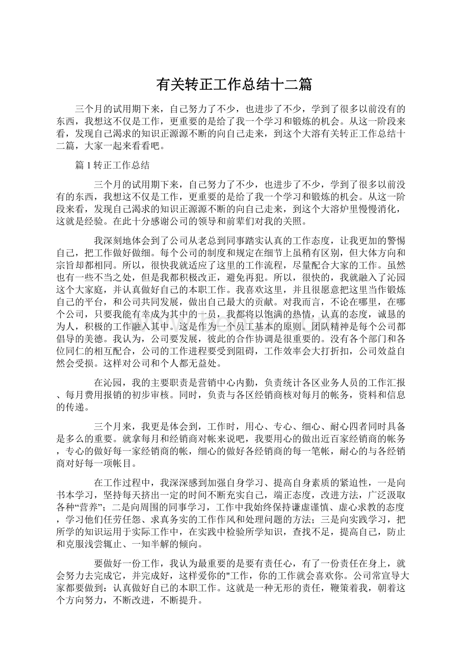 有关转正工作总结十二篇Word文件下载.docx_第1页