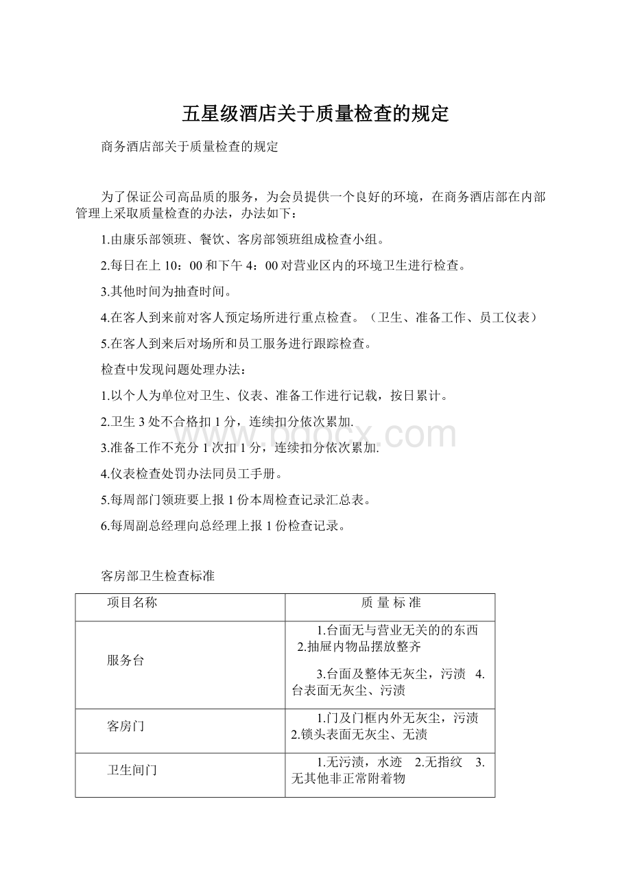 五星级酒店关于质量检查的规定.docx_第1页