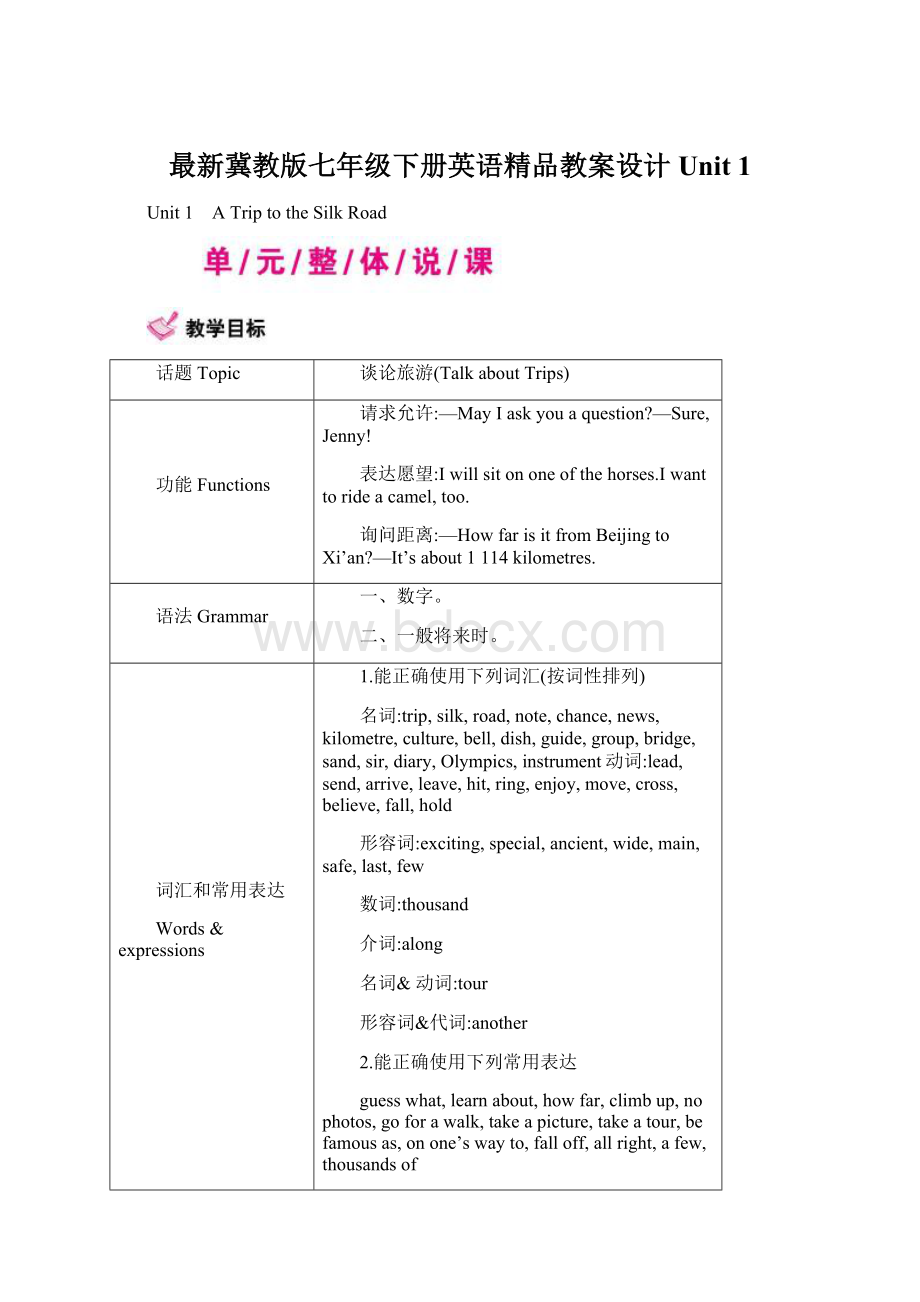 最新冀教版七年级下册英语精品教案设计Unit 1Word格式文档下载.docx