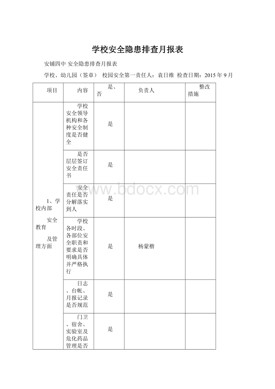 学校安全隐患排查月报表.docx