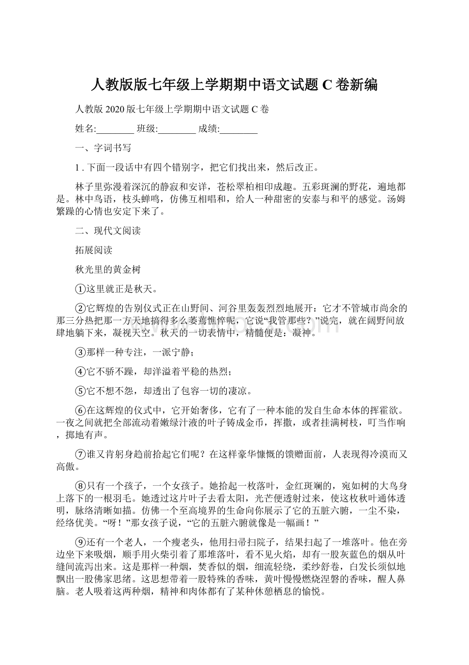人教版版七年级上学期期中语文试题C卷新编.docx