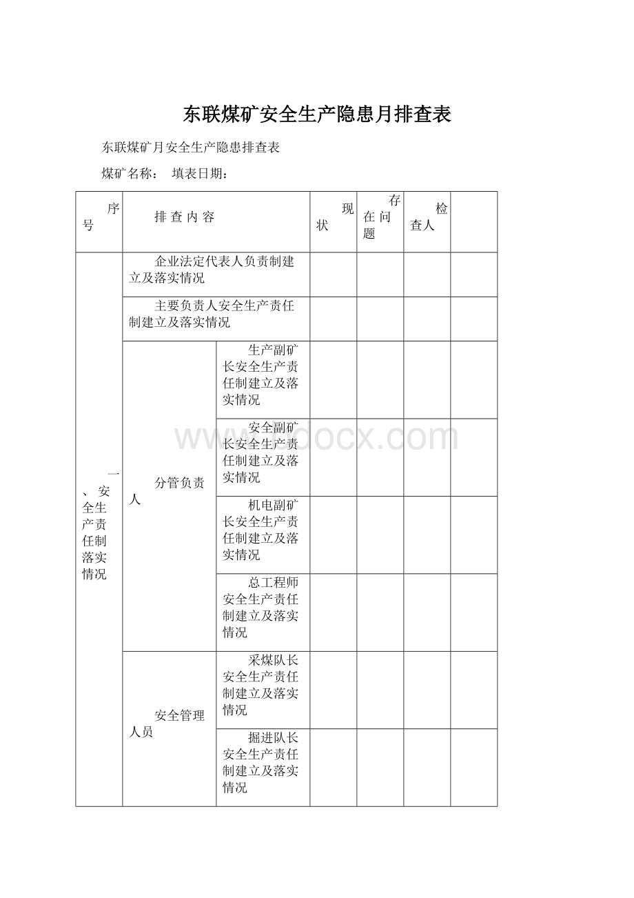 东联煤矿安全生产隐患月排查表Word文档格式.docx