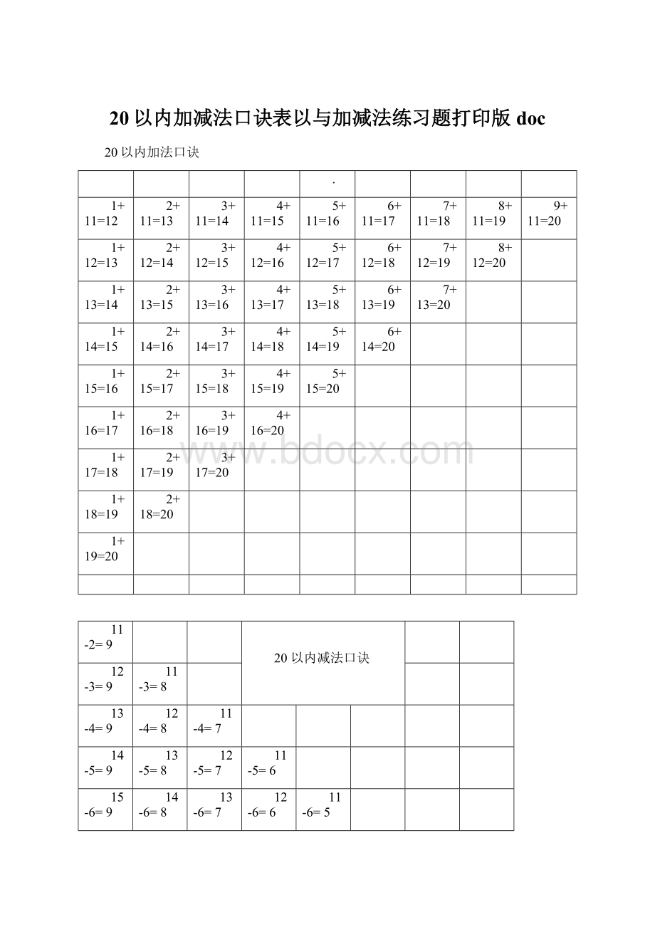 20以内加减法口诀表以与加减法练习题打印版doc.docx