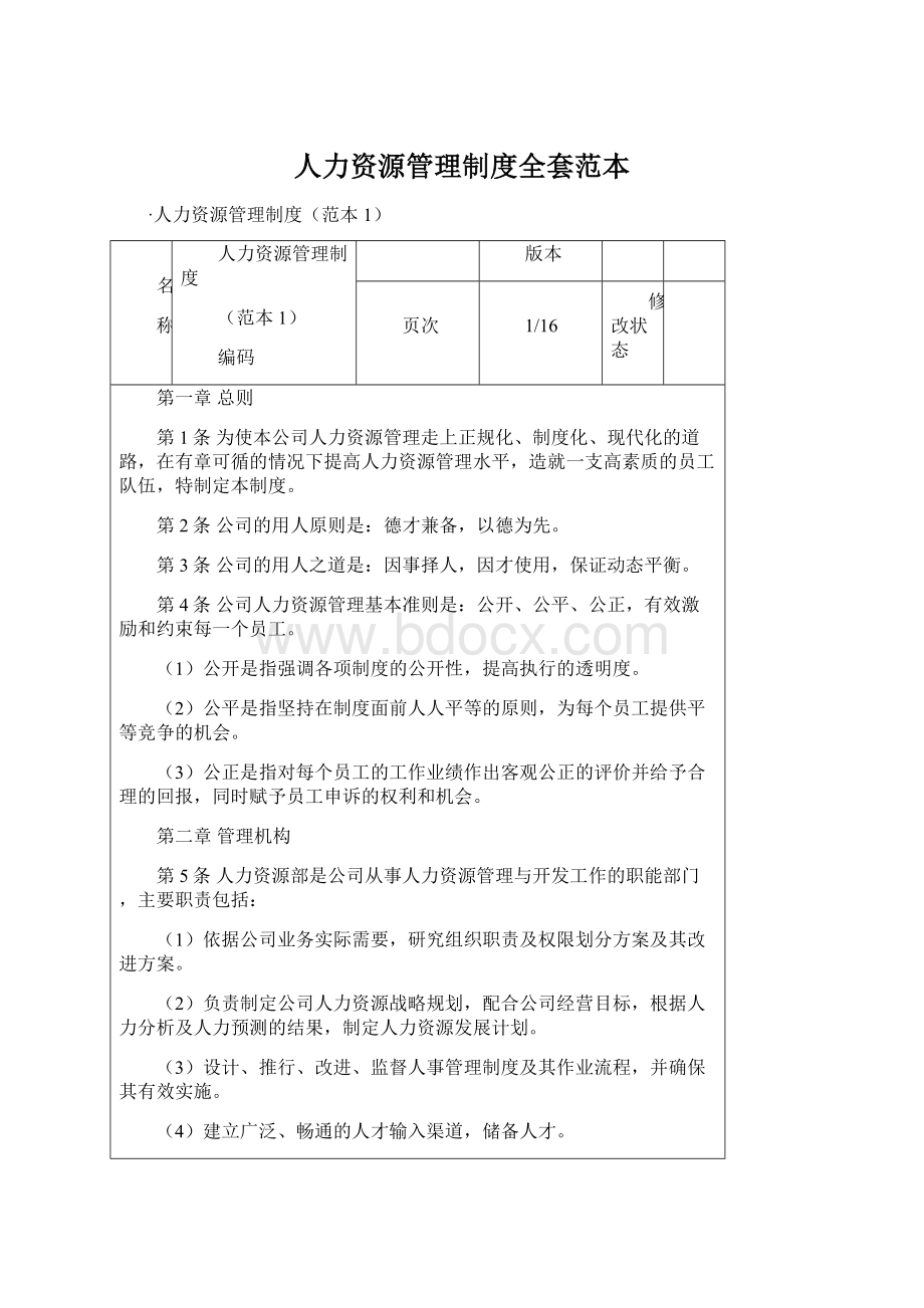 人力资源管理制度全套范本Word下载.docx