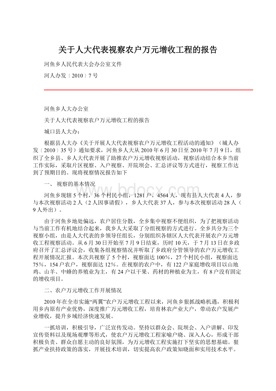 关于人大代表视察农户万元增收工程的报告.docx