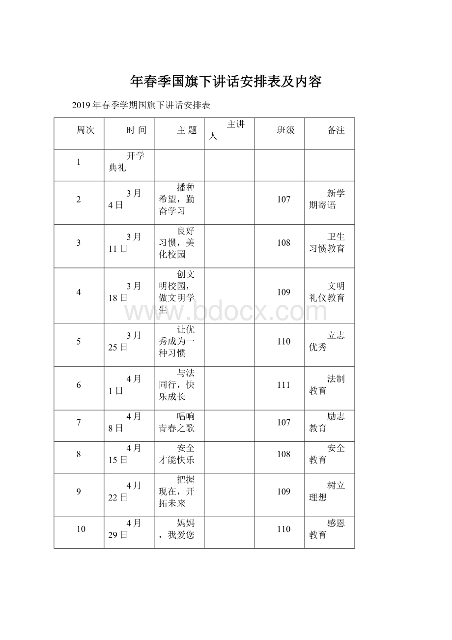 年春季国旗下讲话安排表及内容Word格式.docx_第1页