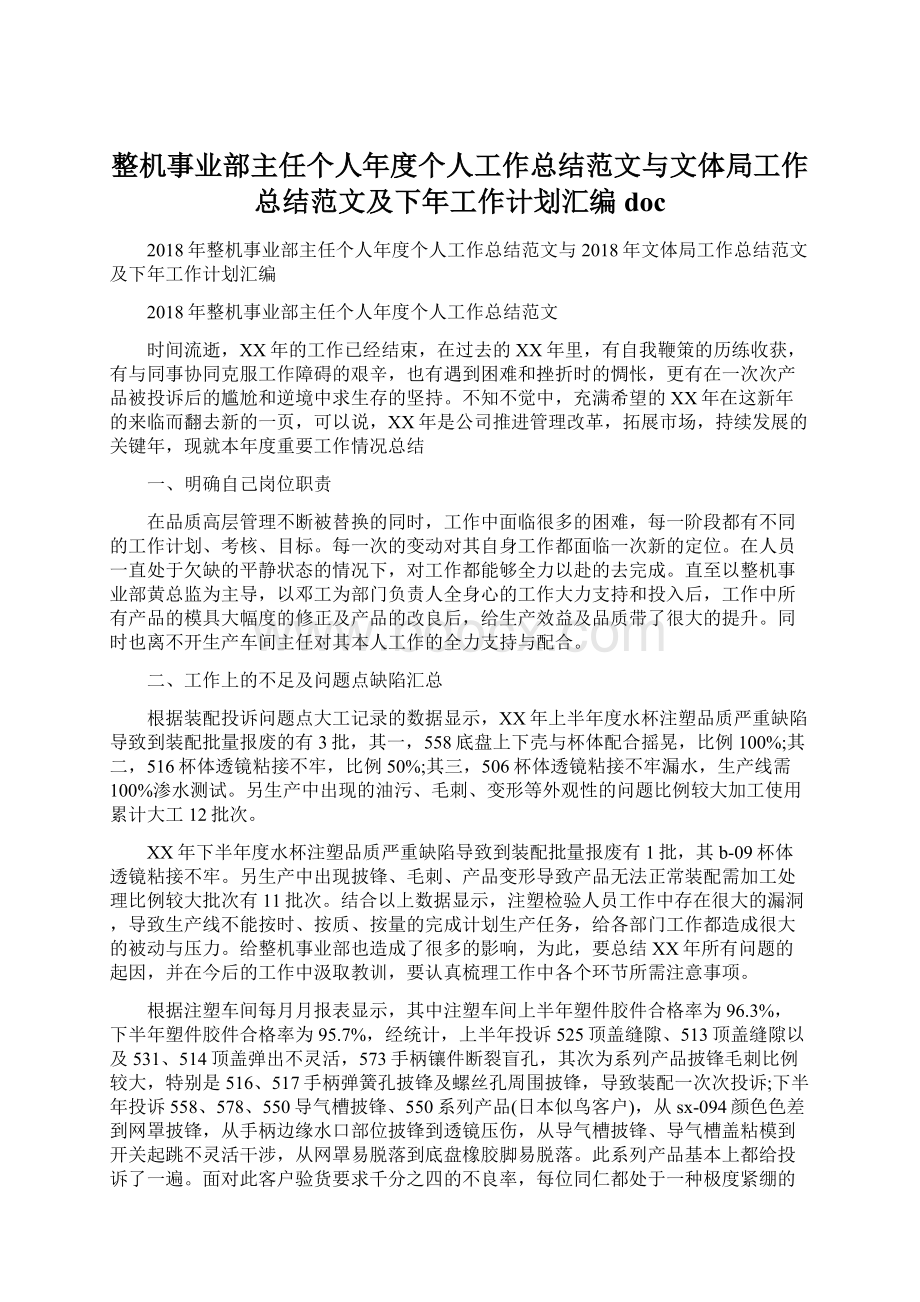 整机事业部主任个人年度个人工作总结范文与文体局工作总结范文及下年工作计划汇编doc.docx