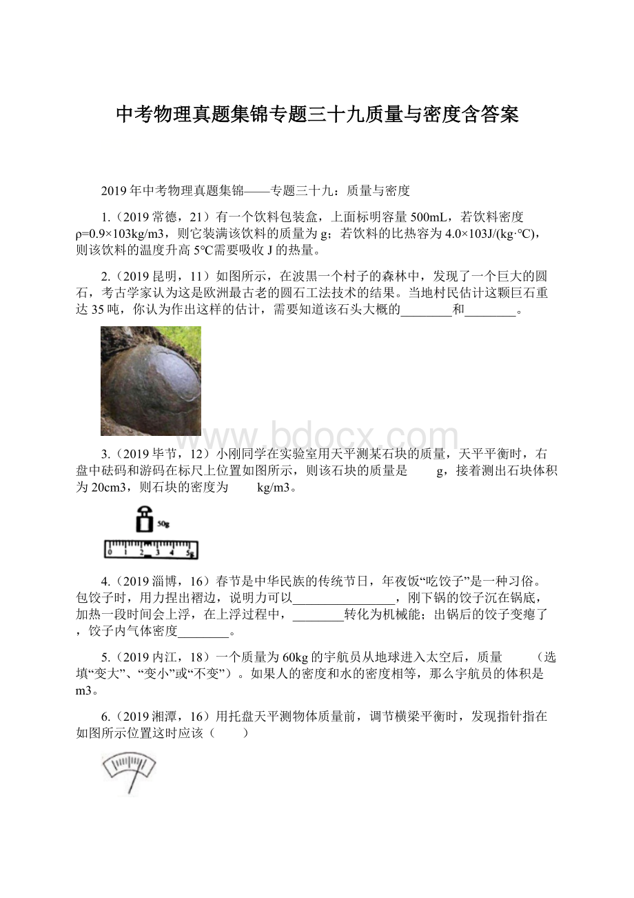 中考物理真题集锦专题三十九质量与密度含答案.docx_第1页