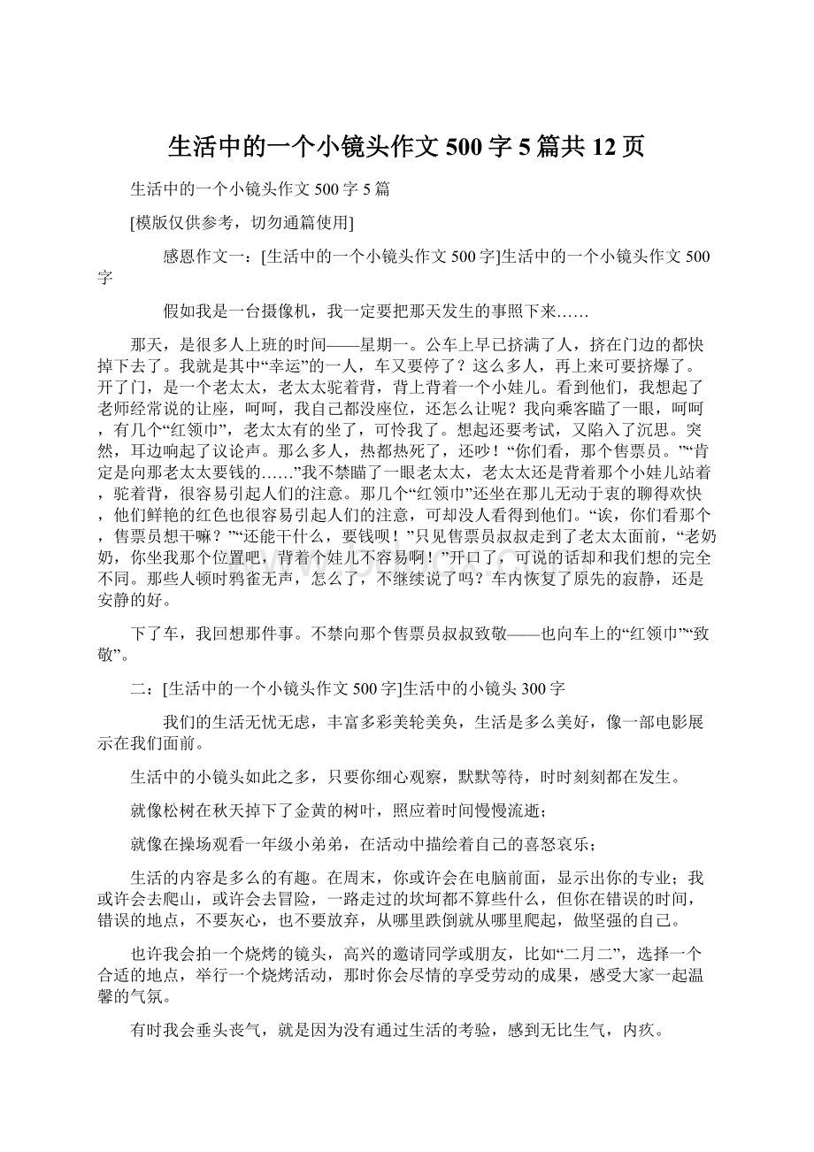 生活中的一个小镜头作文500字5篇共12页Word文档格式.docx