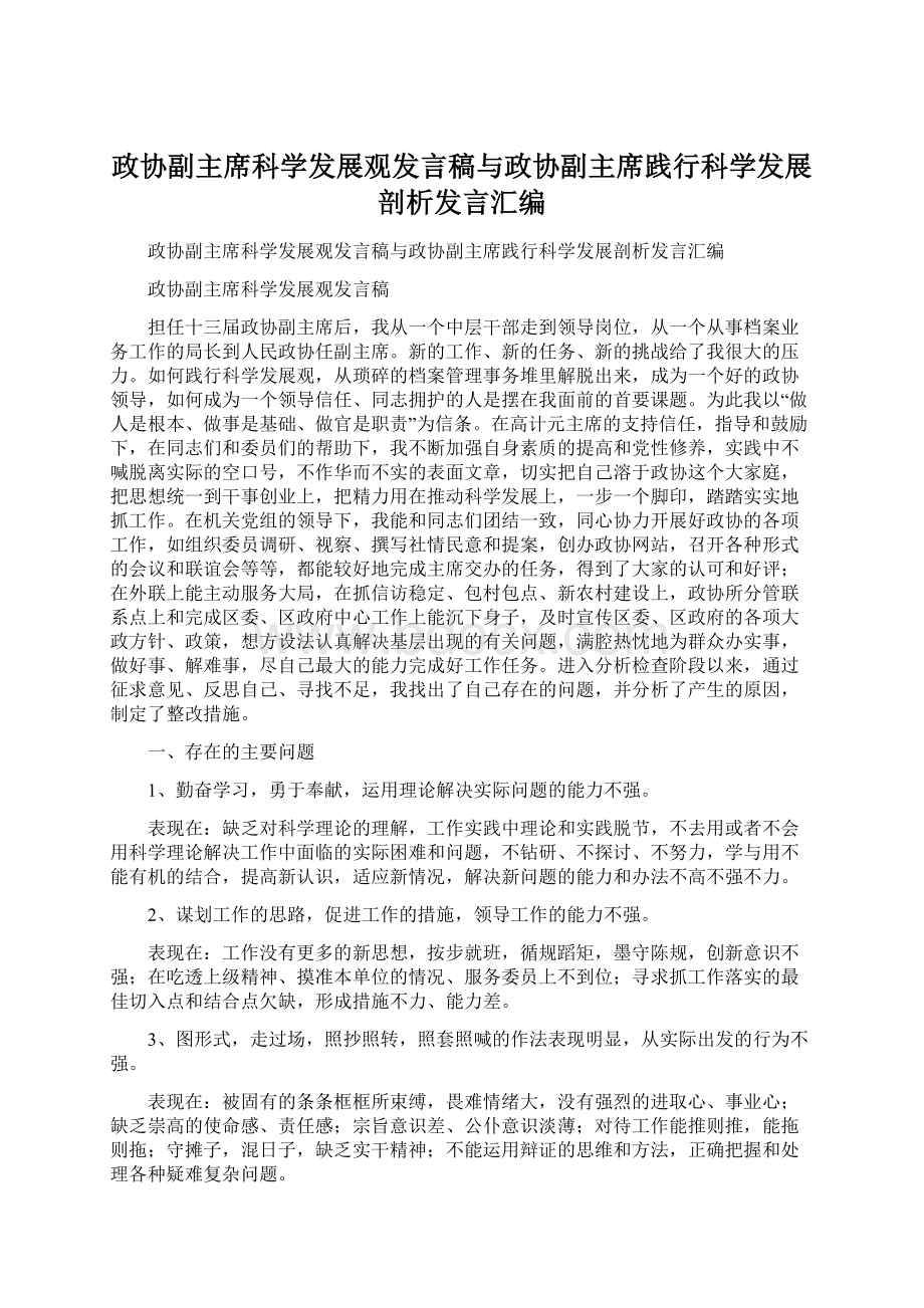 政协副主席科学发展观发言稿与政协副主席践行科学发展剖析发言汇编文档格式.docx_第1页