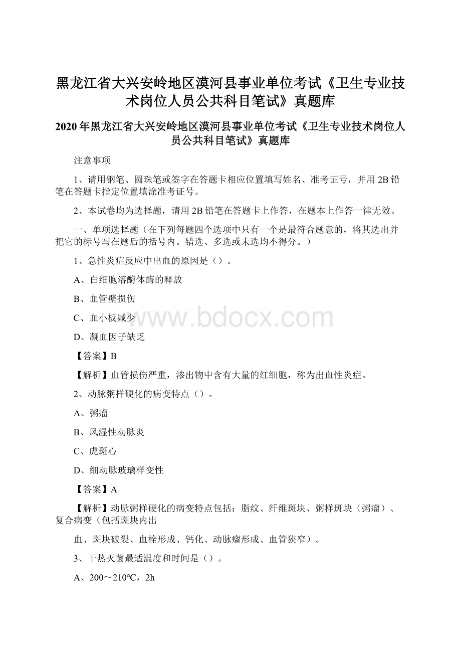 黑龙江省大兴安岭地区漠河县事业单位考试《卫生专业技术岗位人员公共科目笔试》真题库.docx_第1页