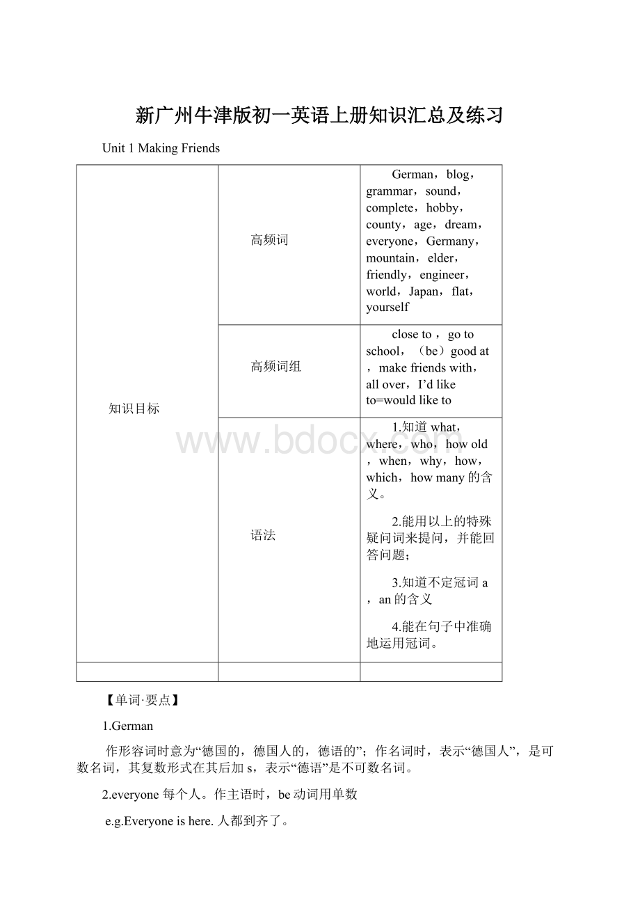 新广州牛津版初一英语上册知识汇总及练习.docx