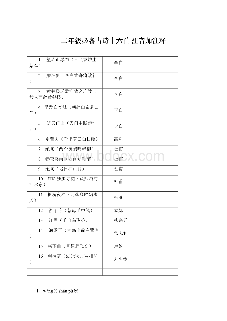 二年级必备古诗十六首 注音加注释Word格式文档下载.docx_第1页