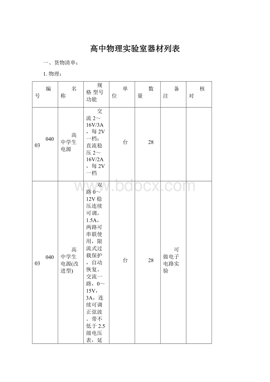 高中物理实验室器材列表.docx_第1页