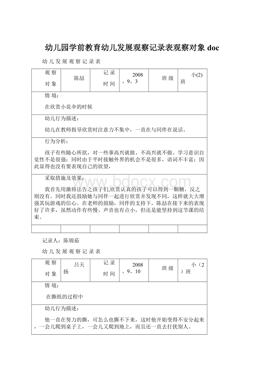 幼儿园学前教育幼儿发展观察记录表观察对象doc.docx_第1页