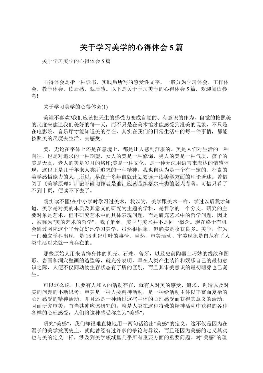 关于学习美学的心得体会5篇Word文档格式.docx