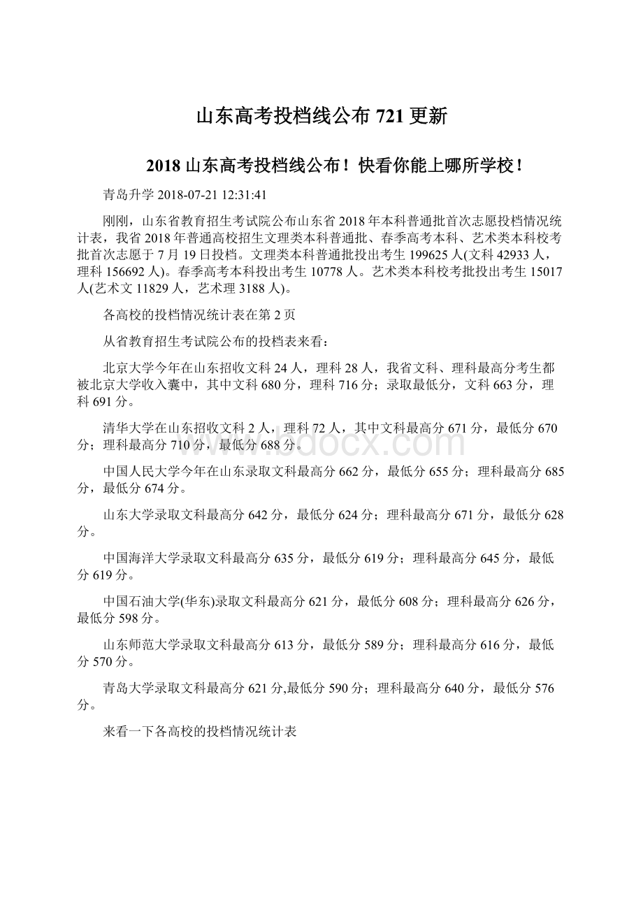 山东高考投档线公布721更新.docx