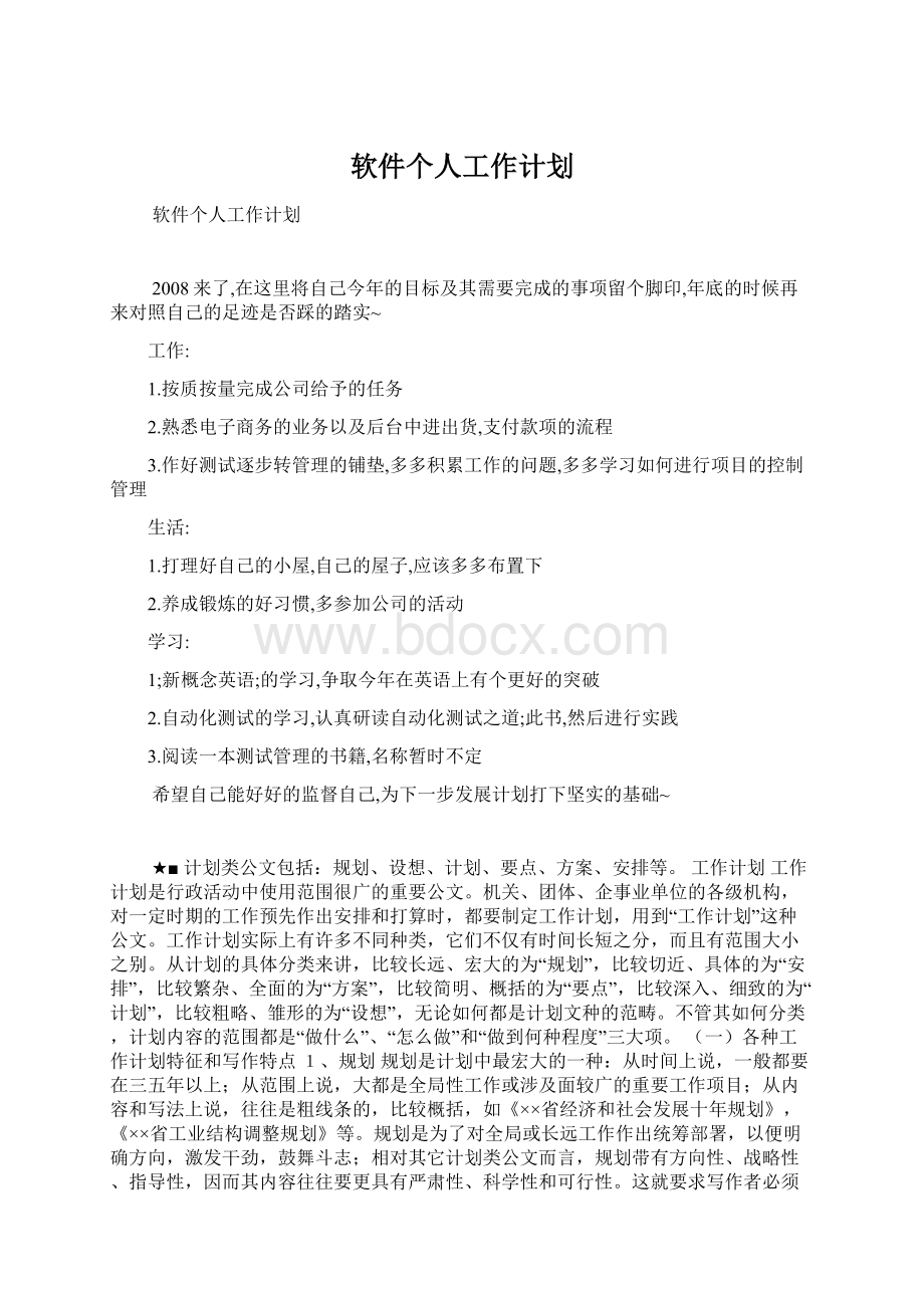 软件个人工作计划文档格式.docx