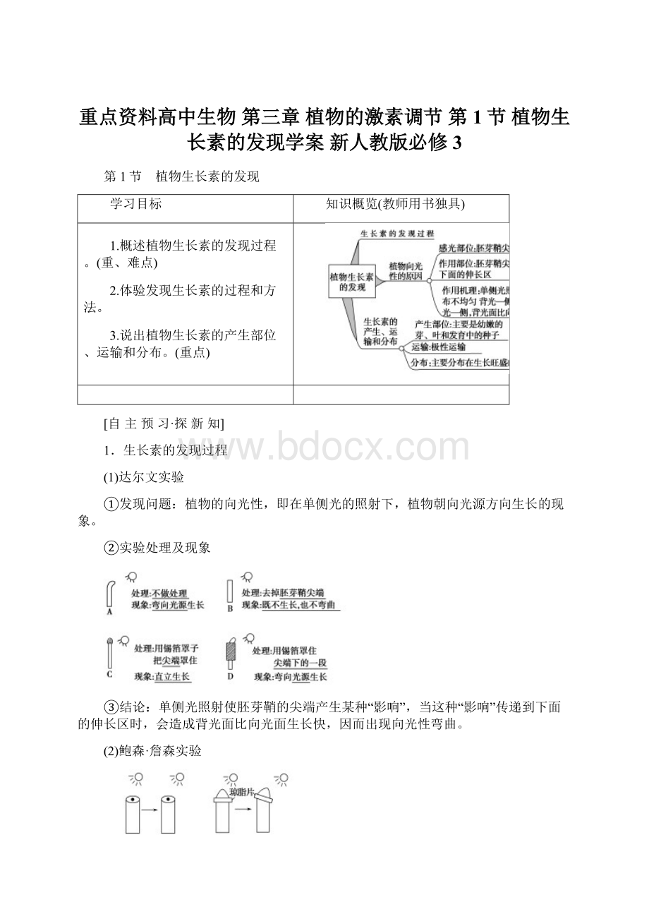 重点资料高中生物 第三章 植物的激素调节 第1节 植物生长素的发现学案 新人教版必修3Word文档下载推荐.docx_第1页