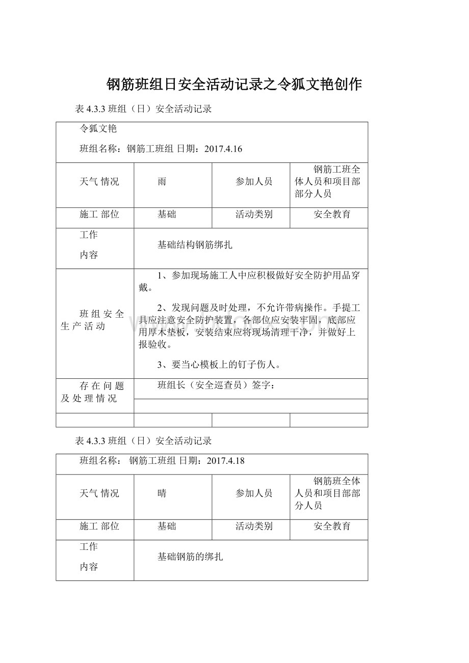 钢筋班组日安全活动记录之令狐文艳创作Word格式文档下载.docx_第1页