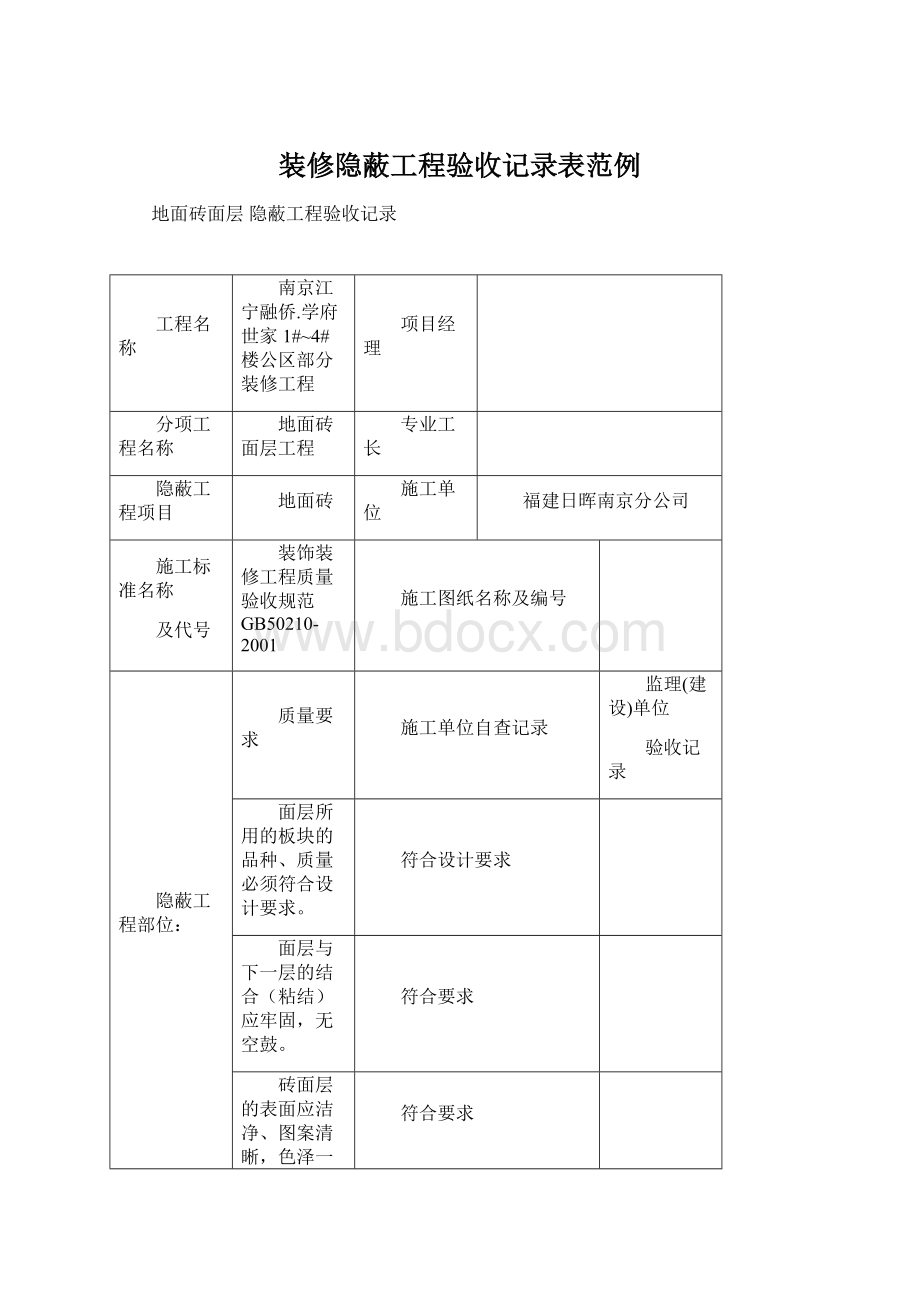 装修隐蔽工程验收记录表范例.docx_第1页