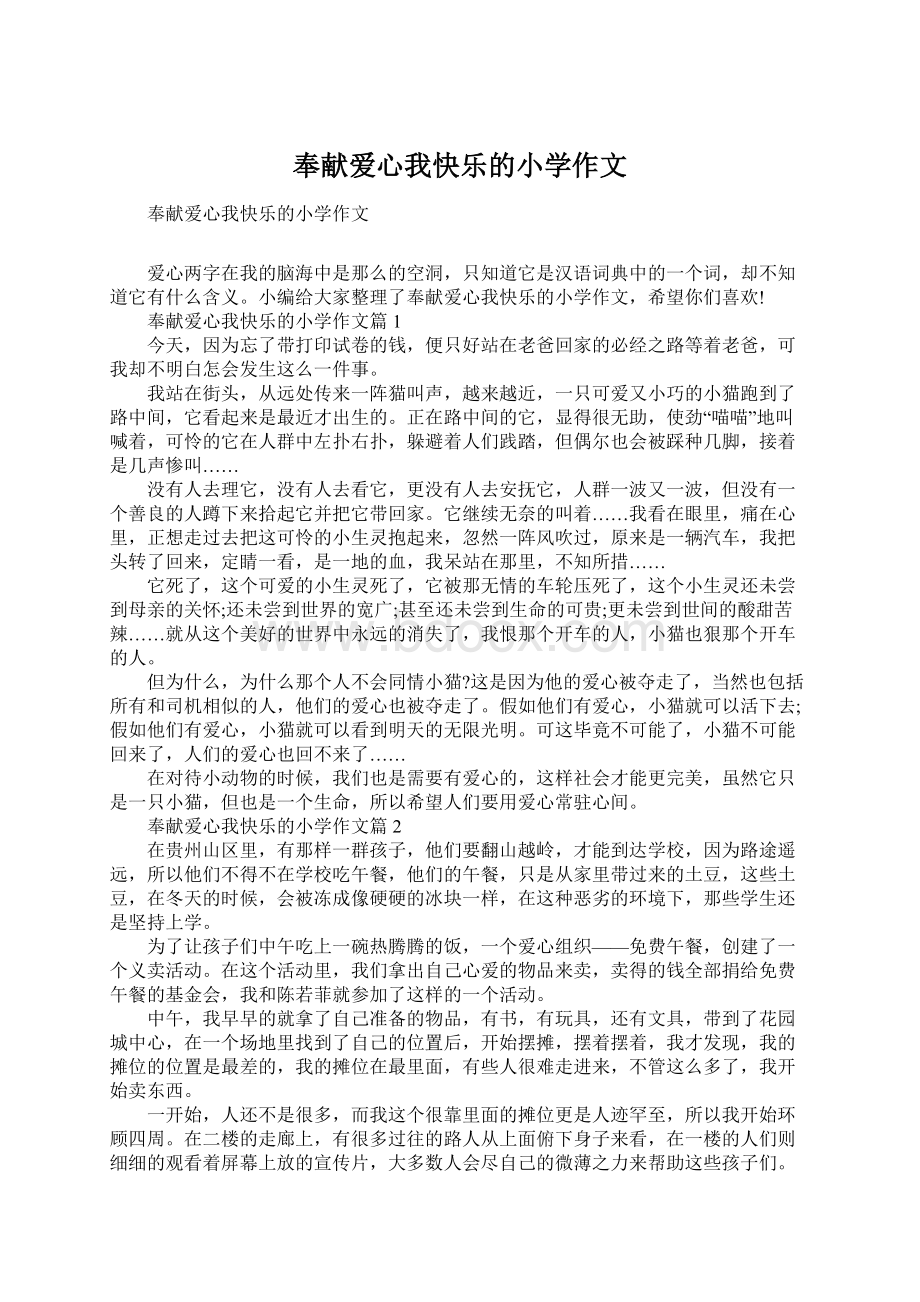 奉献爱心我快乐的小学作文Word文档格式.docx