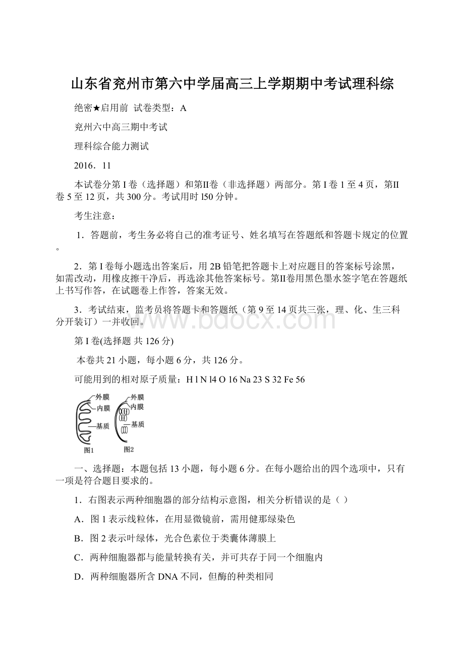 山东省兖州市第六中学届高三上学期期中考试理科综Word下载.docx_第1页