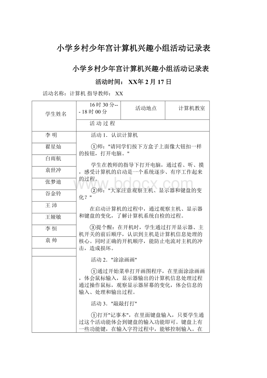 小学乡村少年宫计算机兴趣小组活动记录表.docx_第1页