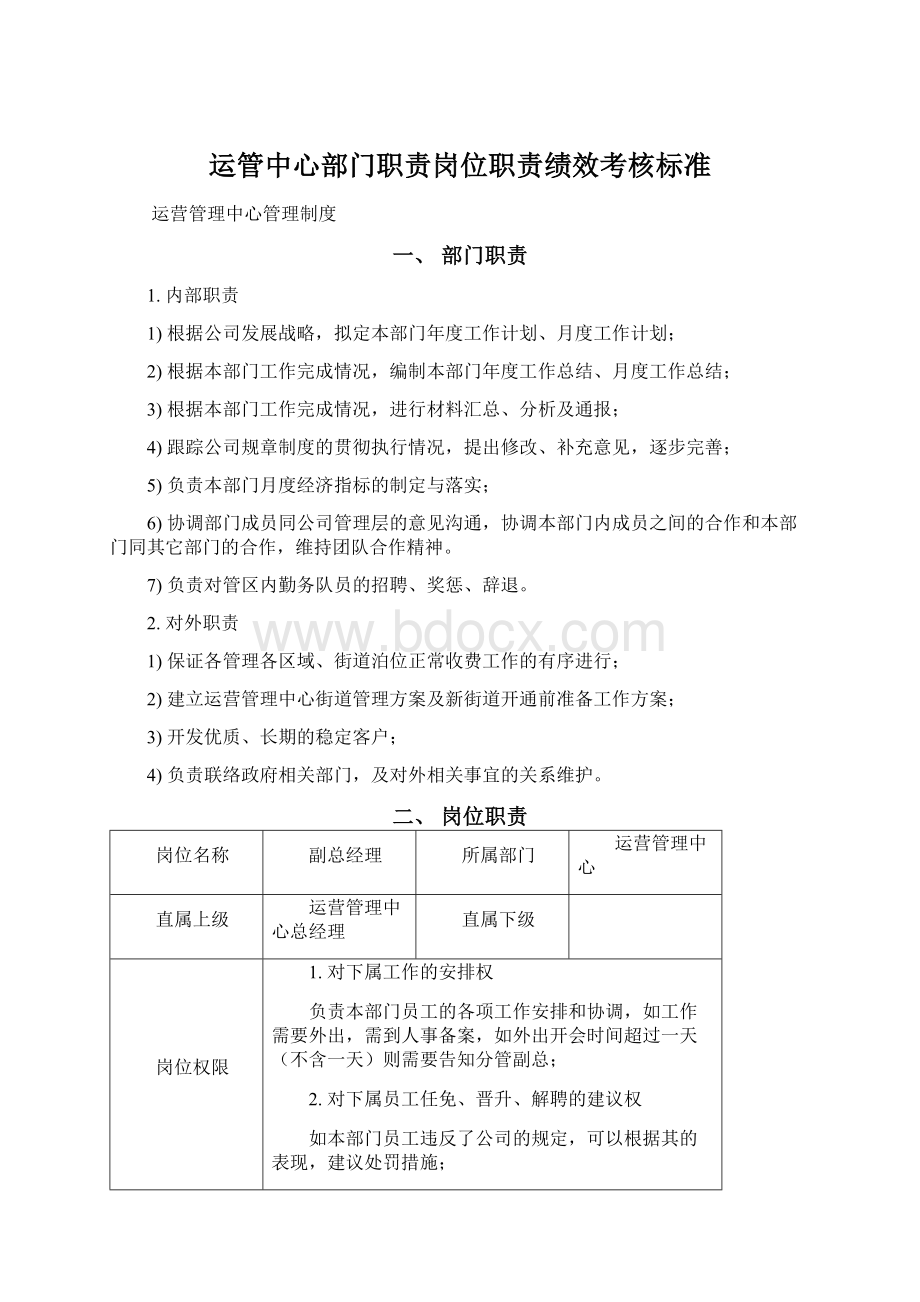 运管中心部门职责岗位职责绩效考核标准.docx