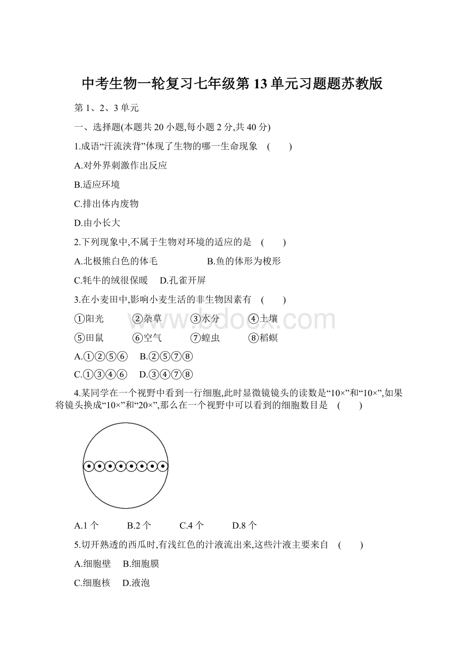 中考生物一轮复习七年级第13单元习题题苏教版Word文档下载推荐.docx