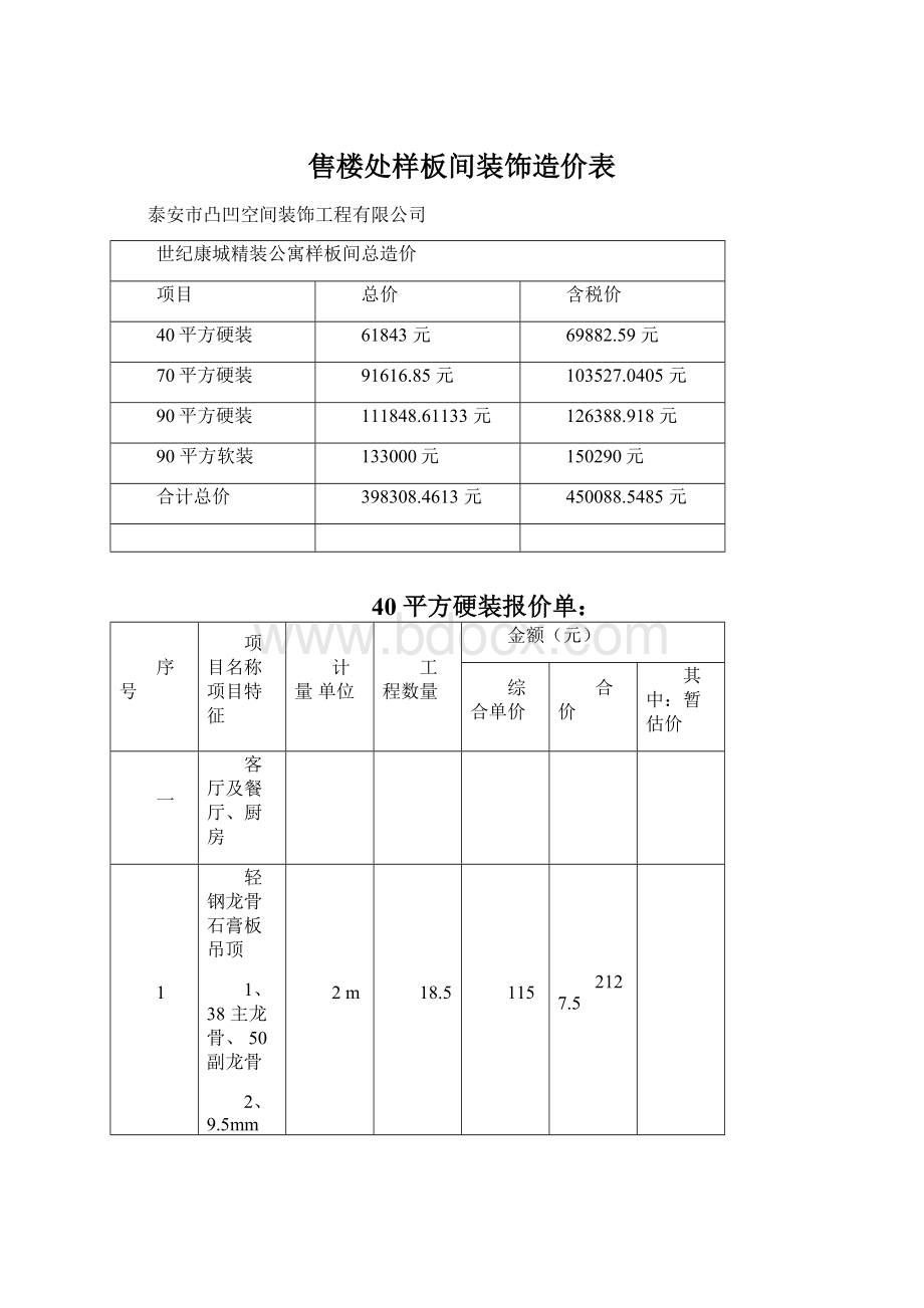 售楼处样板间装饰造价表.docx