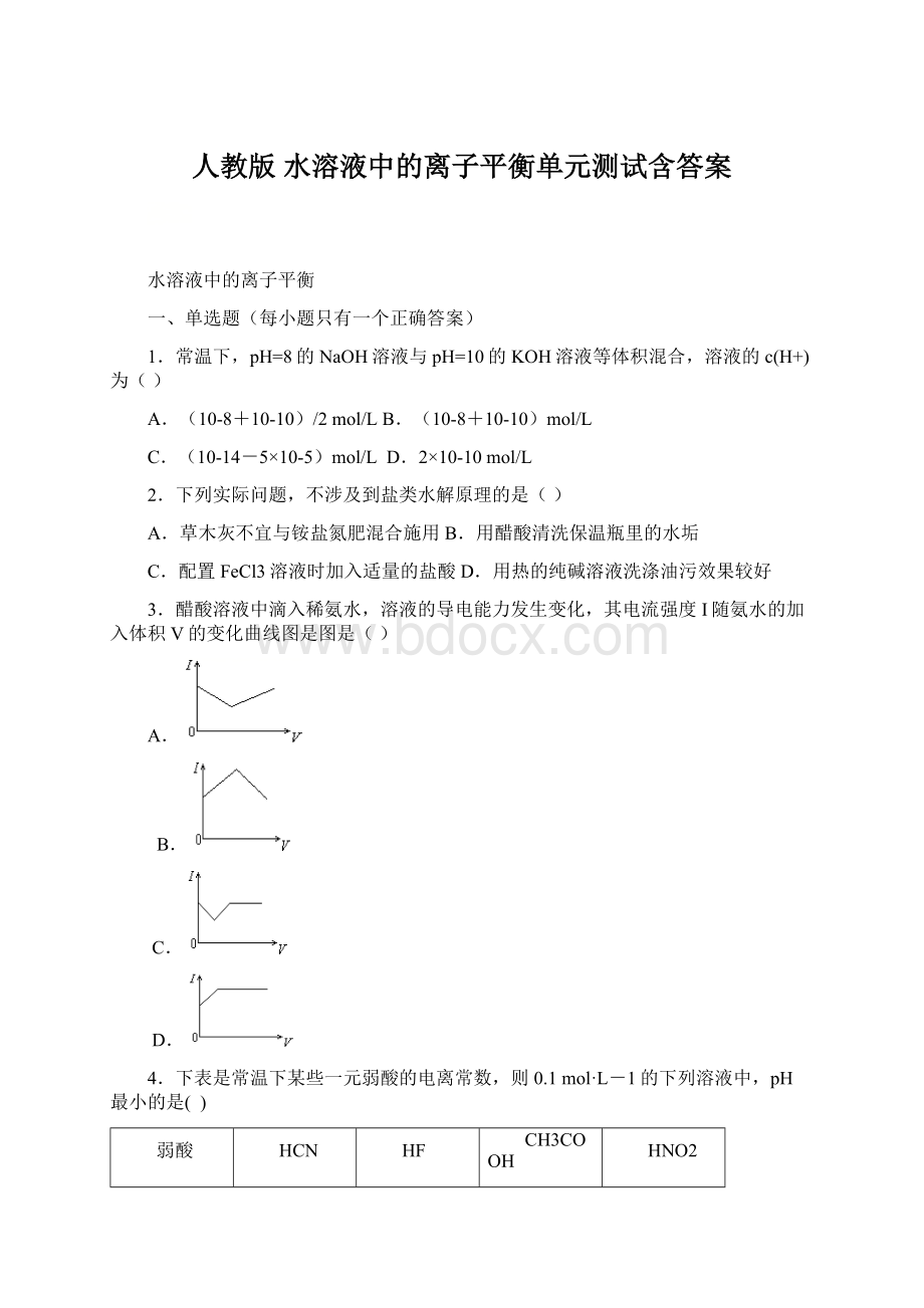 人教版 水溶液中的离子平衡单元测试含答案.docx_第1页