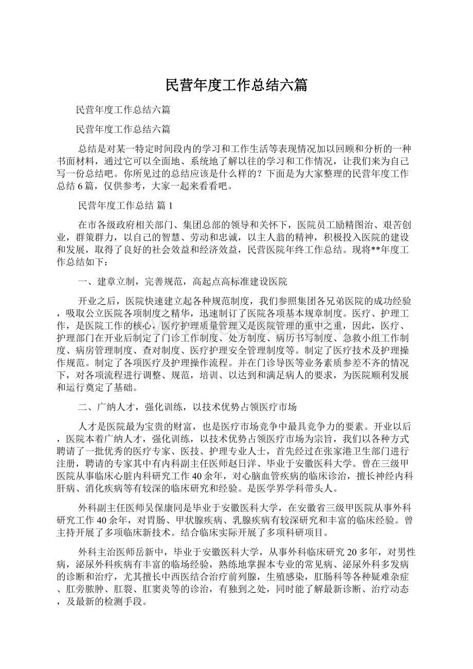 民营年度工作总结六篇Word文档格式.docx