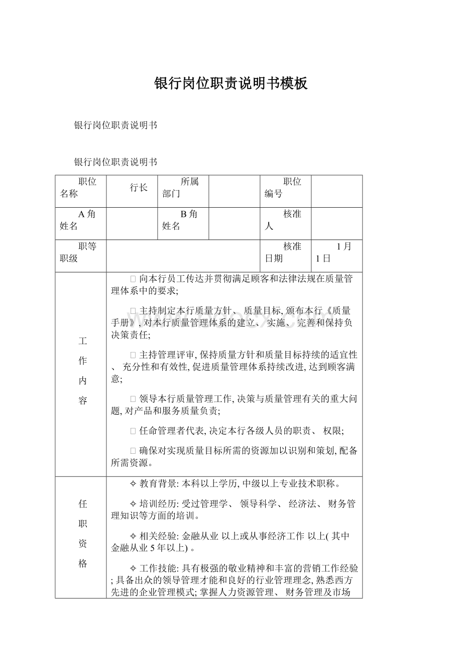 银行岗位职责说明书模板Word下载.docx_第1页