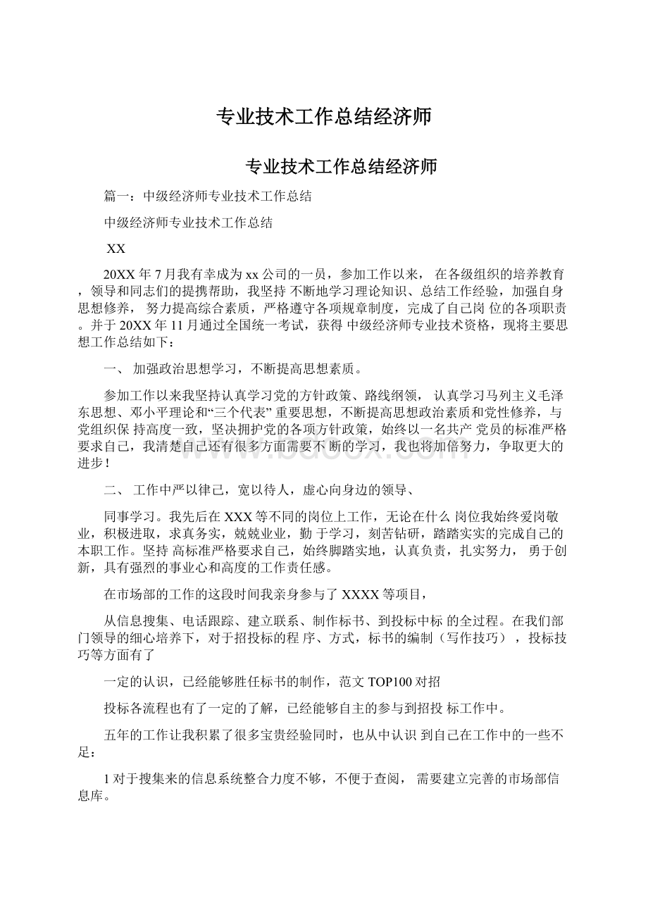 专业技术工作总结经济师Word文档格式.docx