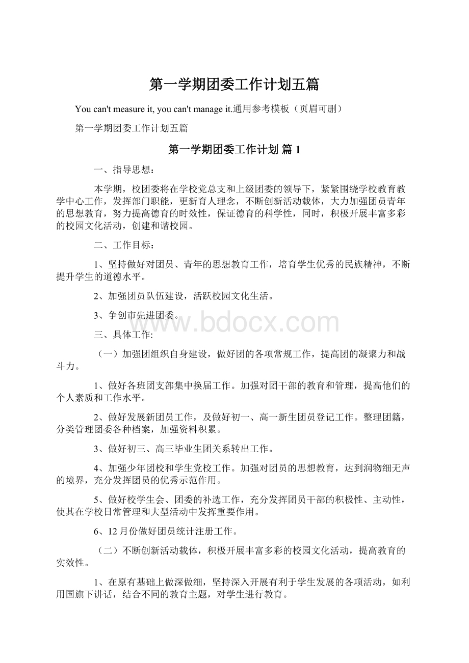 第一学期团委工作计划五篇Word文档格式.docx