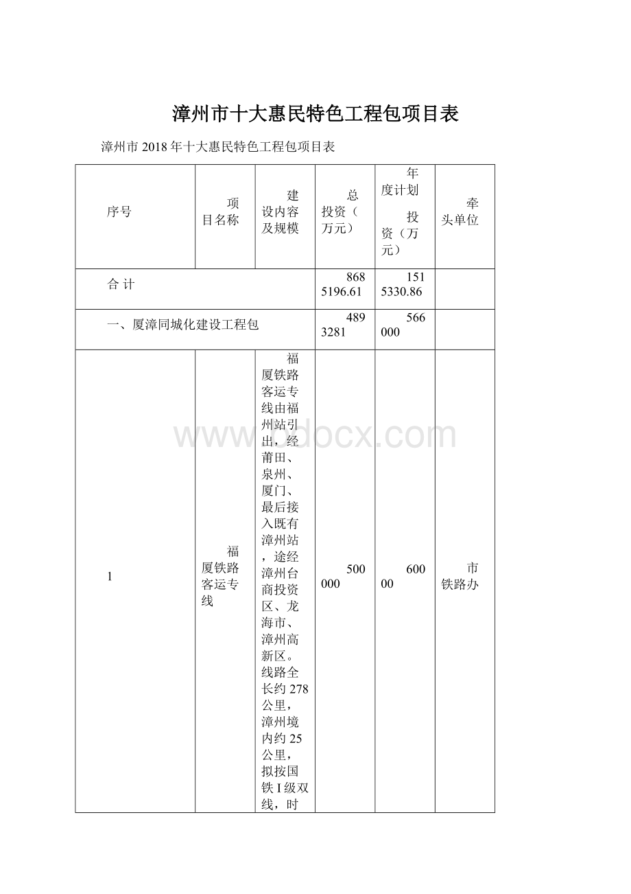 漳州市十大惠民特色工程包项目表文档格式.docx