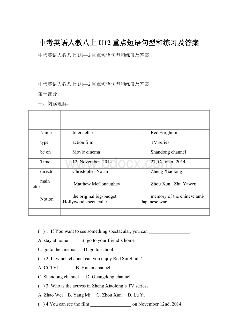 中考英语人教八上U12重点短语句型和练习及答案.docx