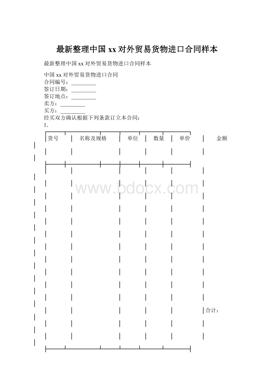 最新整理中国xx对外贸易货物进口合同样本Word文档格式.docx_第1页