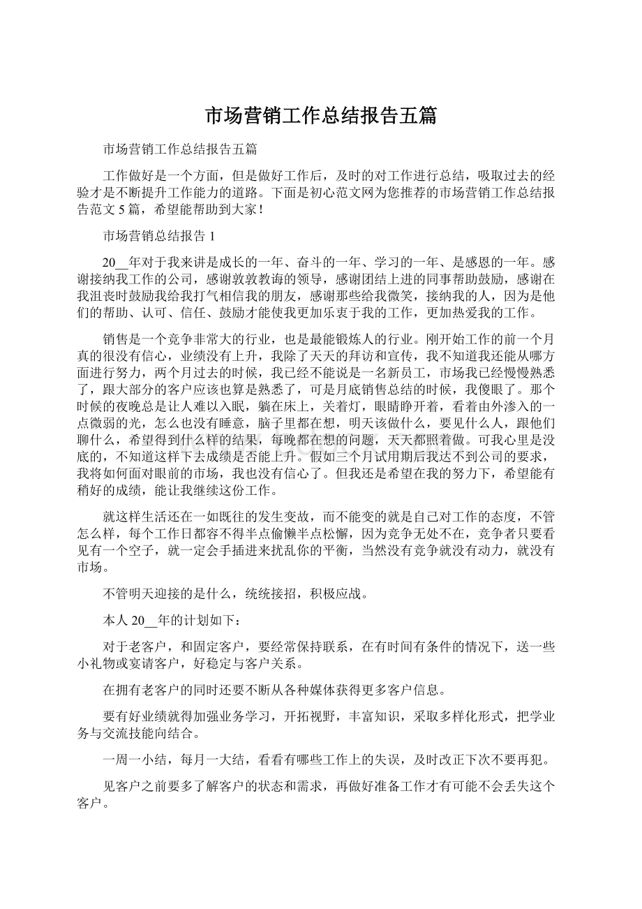 市场营销工作总结报告五篇Word文件下载.docx