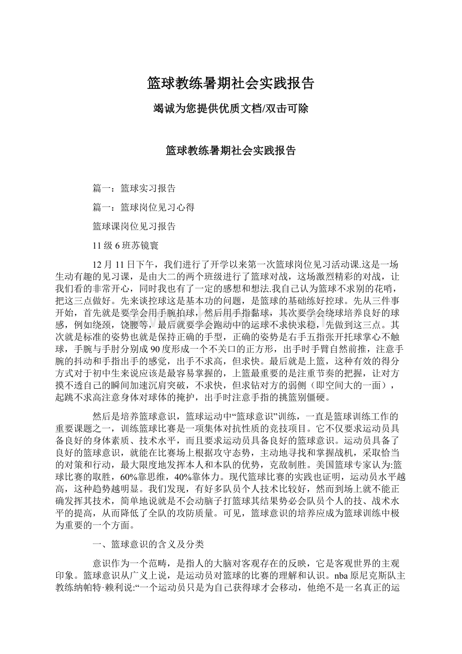 篮球教练暑期社会实践报告.docx