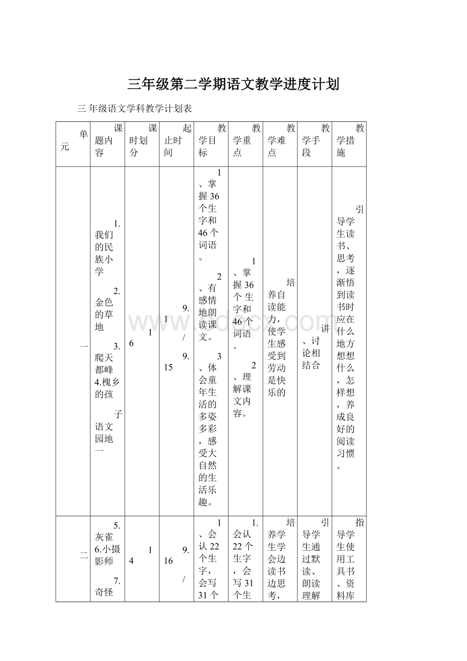 三年级第二学期语文教学进度计划.docx_第1页