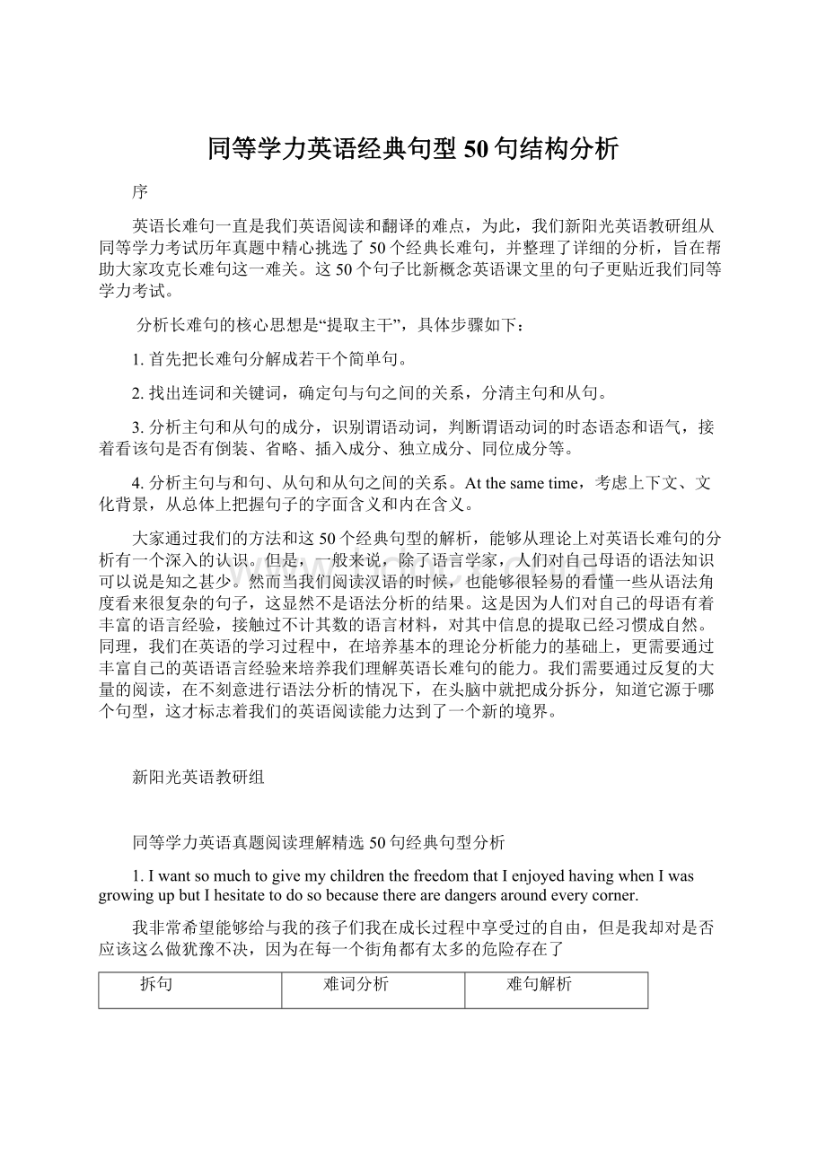 同等学力英语经典句型50句结构分析Word格式文档下载.docx_第1页