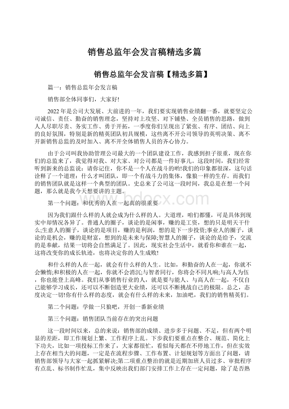 销售总监年会发言稿精选多篇Word文档下载推荐.docx_第1页