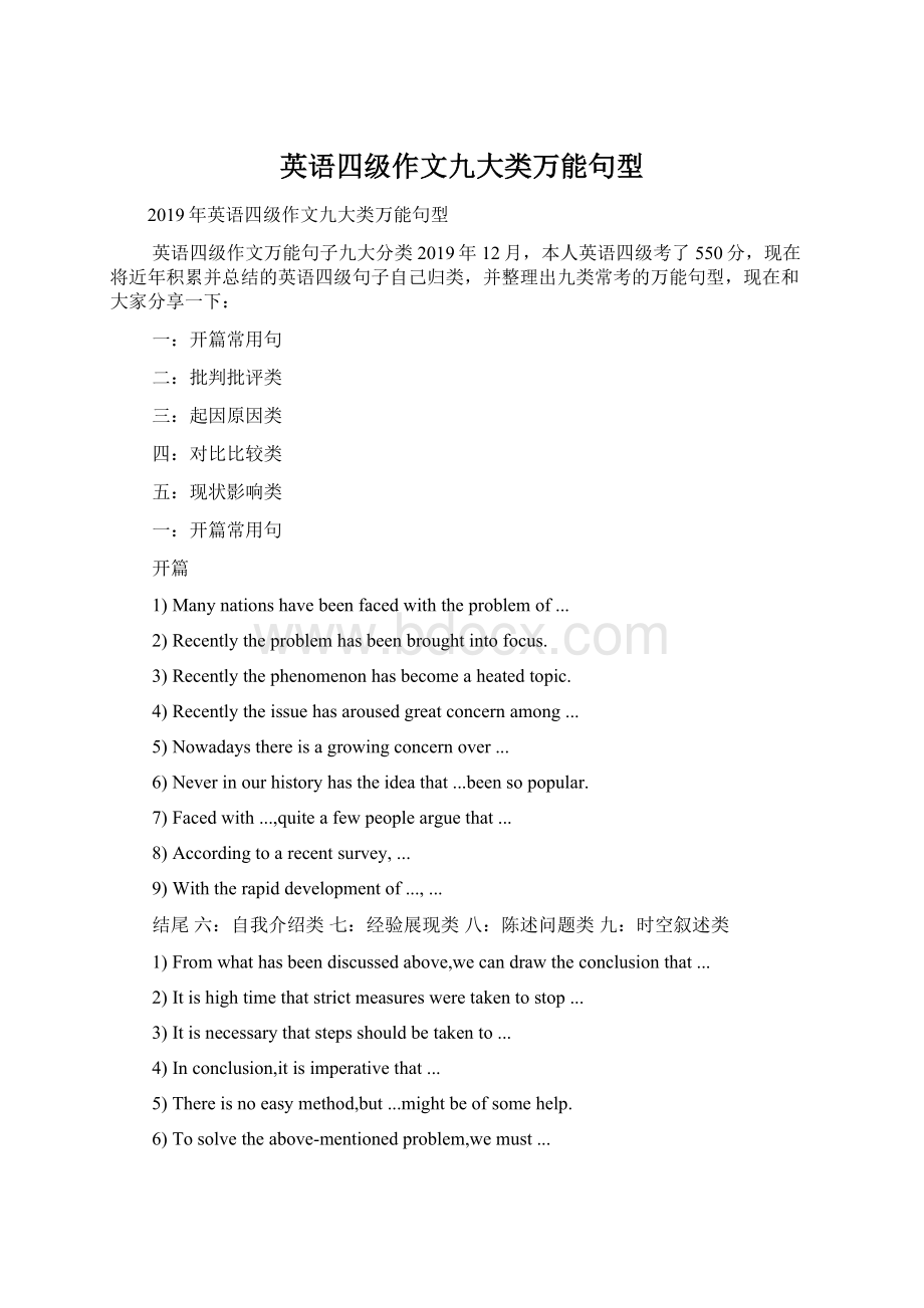 英语四级作文九大类万能句型.docx