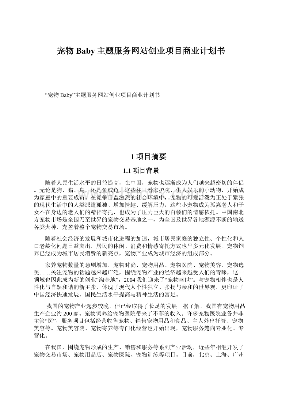 宠物Baby主题服务网站创业项目商业计划书.docx