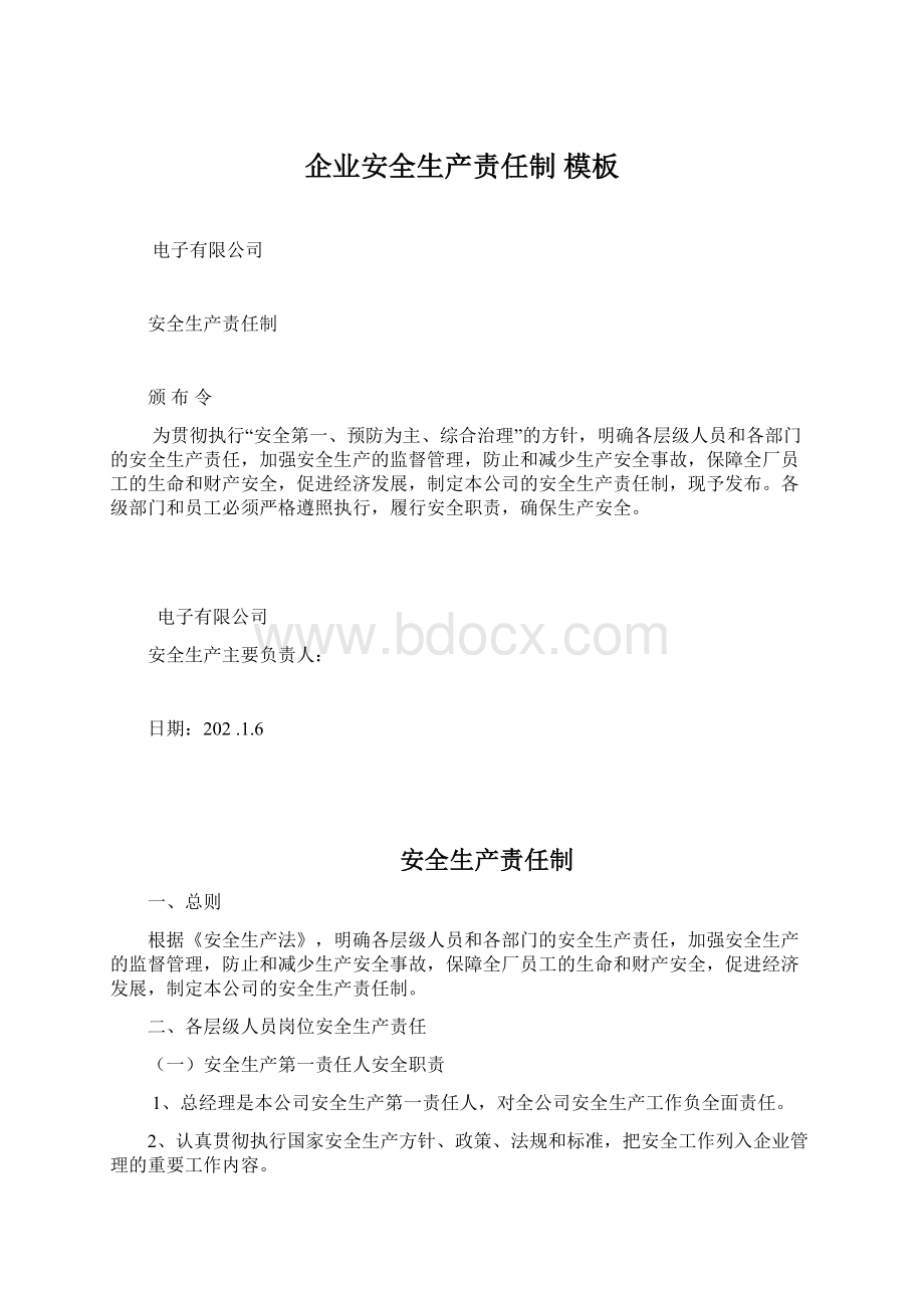 企业安全生产责任制 模板Word下载.docx_第1页