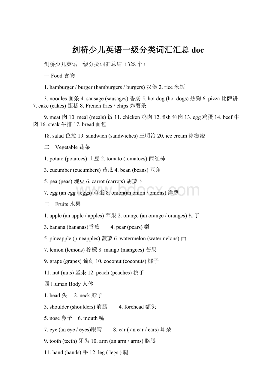 剑桥少儿英语一级分类词汇汇总docWord格式.docx_第1页